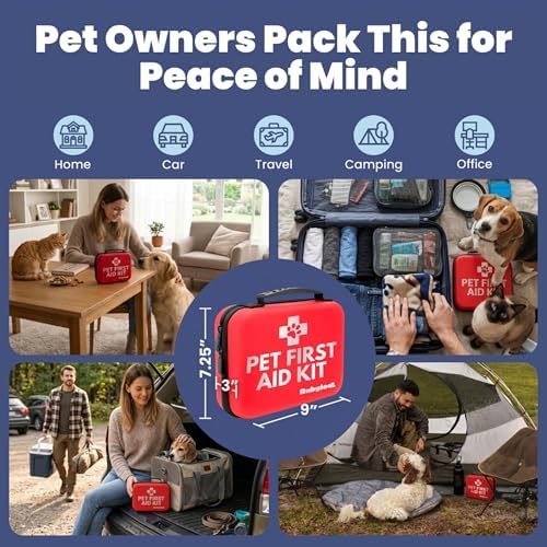 Rubyloo Vet Approved Essential Pet First Aid Kit Supplies to Treat Dogs & Cats in an Emergency with Boy’s 6 Pack of 2 Funny Vet Wrap Bandages for Home, Camping, Car, RV