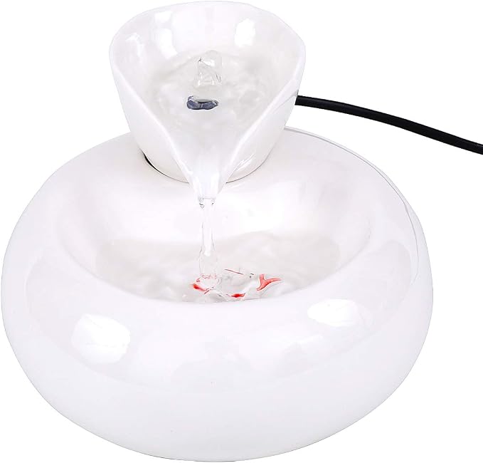 Ceramic Cat Drinking Water Fountain, 1.3 Liters Pet Water Fountains for Cats and Dogs, Electric Pet Water Dispenser with Quiet Pump and 5 Replacement Filters - White Leaf Style