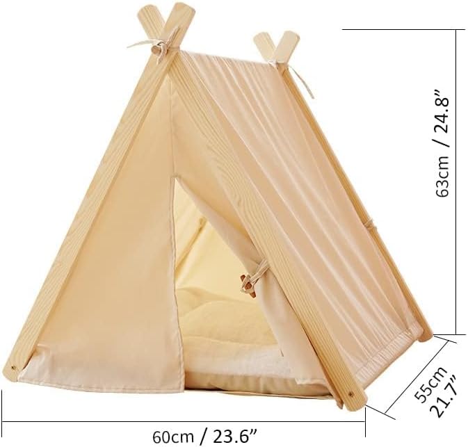 Solid Wood Cat Indoor Tent with Thick Mat,Portable Dog House Dog Teepee Tent,Cute Cat Teepee Cave Cat Bed,Dog Bed (Orange)