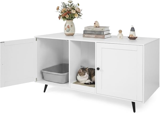 Tangkula Double Cat Litter Box Enclosure, Large Hidden Wooden Cat Cabinet for 2 Cats with Scratching Pad, Double Rooms, Versatile TV Stand Side Table for Indoor Living Room (White)