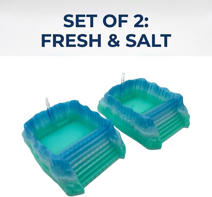 Hermit Crab Pools with Built-in Bubblers – Set of 2 (Fresh & Salt Water) – Upgraded Heat-Resistant PETG 3D Printed Water Bowls with Safe Exit Ramps (Glazed Blue/Green)
