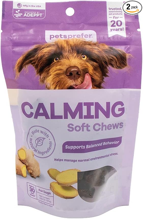 Pets Prefer Calming Soft Chews for Dogs, Natural Stress Support with Chamomile, Valerian Root and Probiotics, Supports Calm Behavior During Separation and Travel, Pork Flavor, 30 Count (Pack of 2)