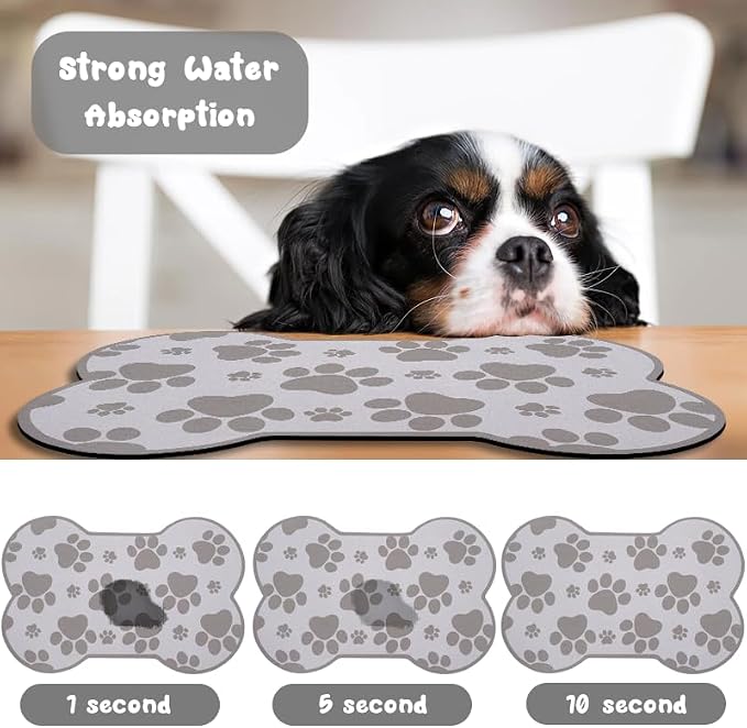 Dog Food Mats for Floors Waterproof, Pet Feeding Absorbent Water Bowl Mat Cat Placemats Gray Bone Shape 23.6 * 15.7 inch