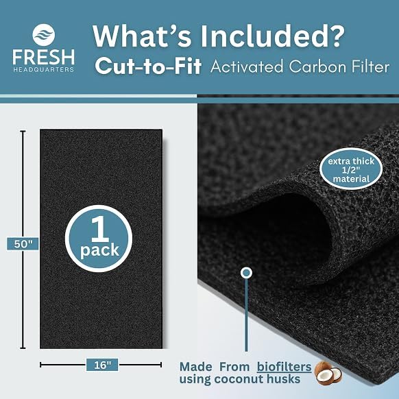 Fresh Headquarters Activated Carbon Filter Sheet – 16"W x 50"L Extra Thick Cut to Fit Air Filters | Charcoal Filter Sheets for Air Purifier, AC Vent, Range Hood, Litter Box & Odor VOC Control