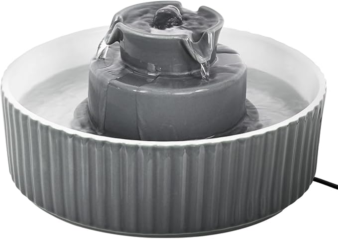 Ceramic Cat Water Fountain, 2.1L/71oz Cupcake Pet Water Fountain for Cats and Dogs, Automatic Pet Drinking Fountain,Double Filtration System, Easy to Clean, 360°Drinking Water (Grey Fountain)