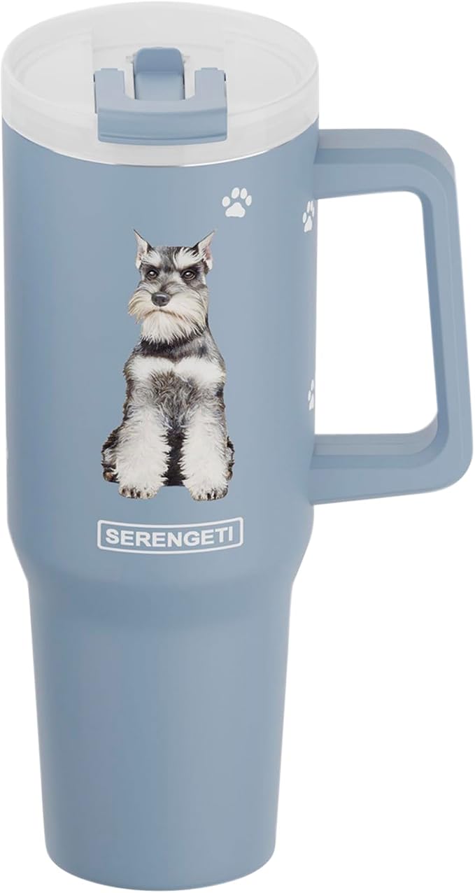 E&S Pets SERENGETI 40 Oz Ultimate Tumbler with Handle and Straw - Vacuum Insulated Tumbler with Straw and Lid - Stainless Steel Travel Mug for Pet Lovers - 3D Designs of your favorite Dog (Schnauzer)