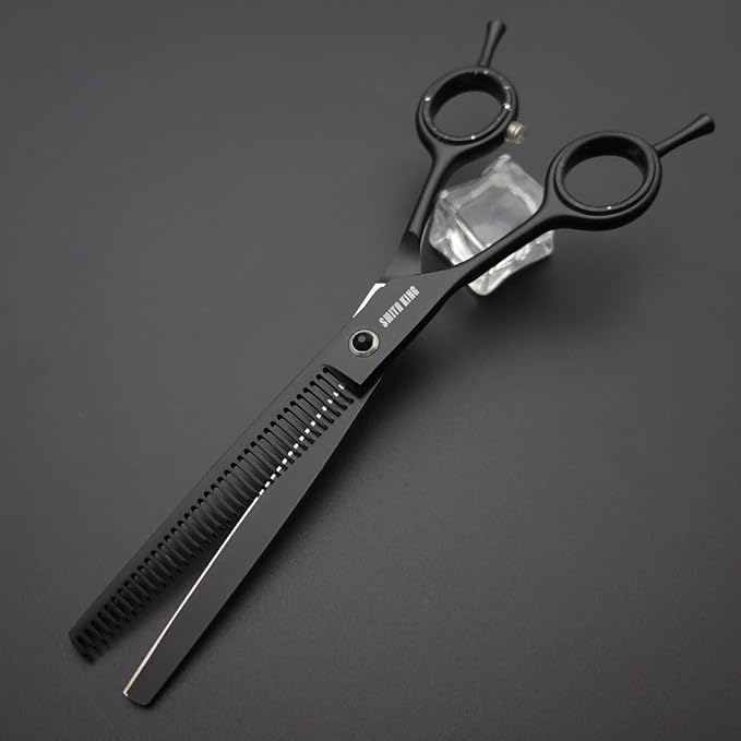 7.0 inches Professional Dog Grooming Scissors Set Straight & thinning & Curved & Chunkers 4pcs/3pcs in 1 Set (with Comb) Right-handed or Left-handed for Dog & Cats (Left-handed 4pcs with comb)