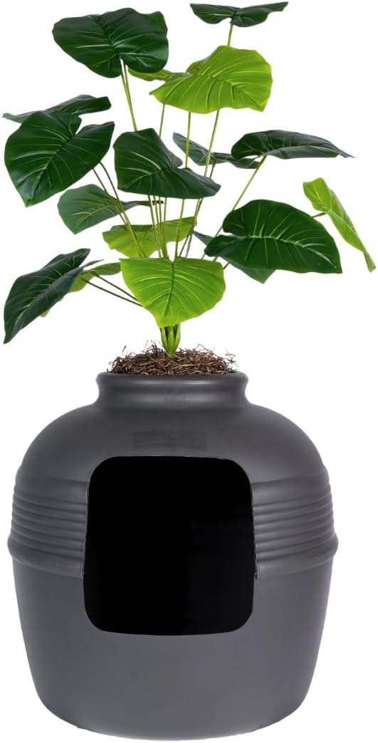 Good Pet Stuff Original Hidden Litter Box Planter, Decorative Cat Litter Enclosure, Carbon Filter, Faux Plant, Round Design, Easy to Clean, Base Kit, Broad Leaf Philodendron, Charcoal Black