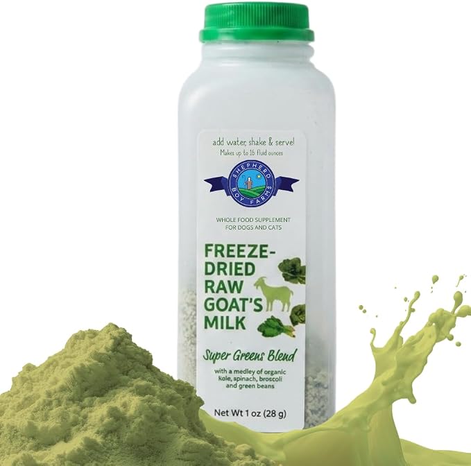 Shepherd Boy Farms Freeze Dried Raw Goats Milk with Probiotics for Dogs & Cats (Super Greens), Organic USA Veggies & Fruits, High Protein, Digestible Goat Milk Powder, Food Toppers - Makes 16 FL OZ