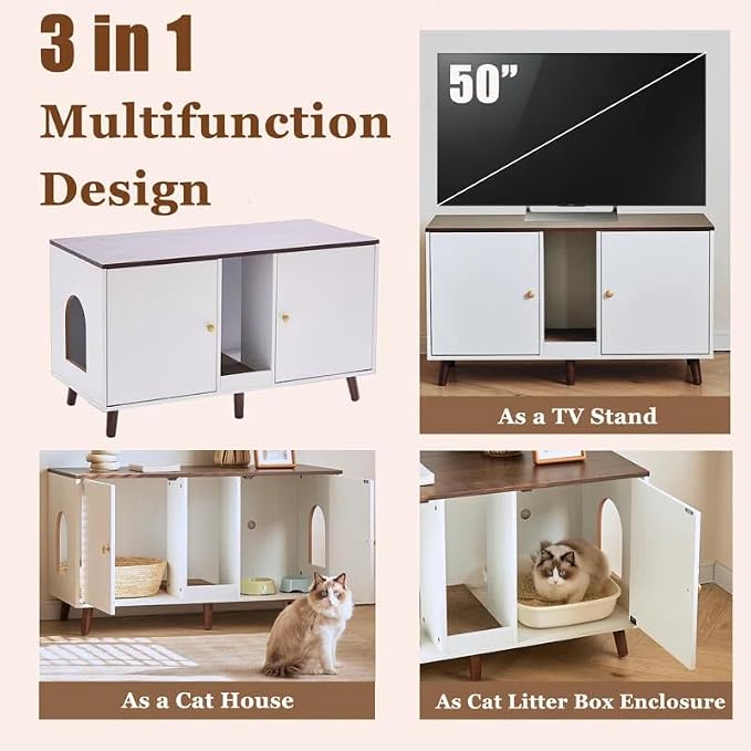 Double Cat Litter Box Enclosure - Hidden Litter Box Cabinet Furniture for 2 Cats Large with Scratching Pad, White