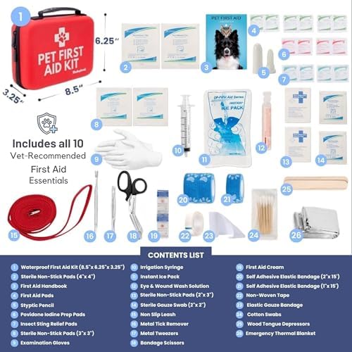 Rubyloo Vet Approved Essential Pet First Aid Kit Supplies to Treat Dogs & Cats in an Emergency with Boy’s 6 Pack of 2 Funny Vet Wrap Bandages for Home, Camping, Car, RV