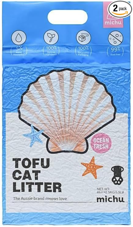 Michu Tofu Cat Litter Natural Clumping Tofu Cat Litter, Fast Clumping and Easily Scoop-able 5.5lb/88oz 5 Scents - Ocean Fresh, 2 Pack