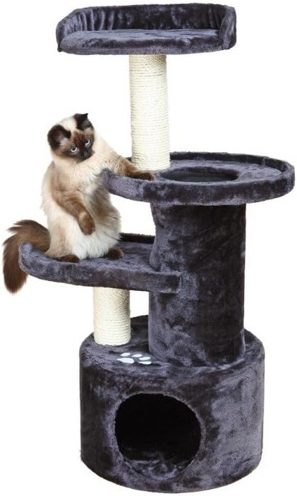 TRIXIE Pet Products Oviedo Cat Tree, Dark Gray, 3 levels (43847) | 3-Level Cat Tower, Sisal Scratching Posts, Plush-Lined Condo, Play Tunnel, Two Platforms, Padded Perch Bed