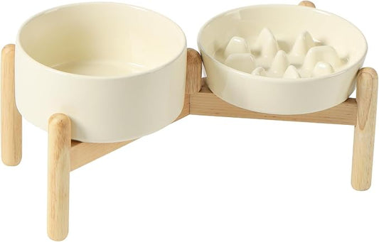 Havniva 6.1” Raised Slow Feeder Dog Bowls Set, 0.9 Cups Ceramic Slow Feeder Dog Bowl and 6.1” Dog Water Bowl with Elevated Wooden Stand Puzzle Dog Food Bowl for Small Dogs Anti-Gulping & Anti-Choking