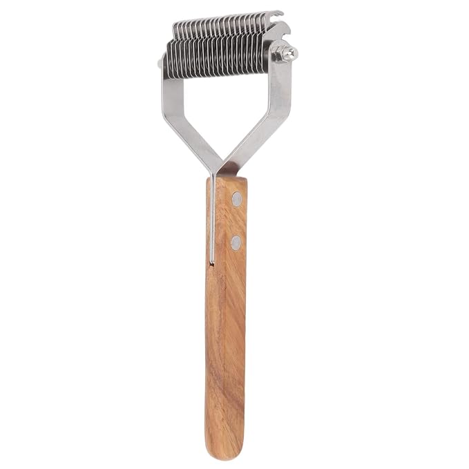 Premium Pet Undercoat Rake, Double Row Wood Handle Dog Hair Shedding Brush for Grooming Cats and Dogs, Removes Knots and Loose Fur, Promotes Skin and Shiny Coat