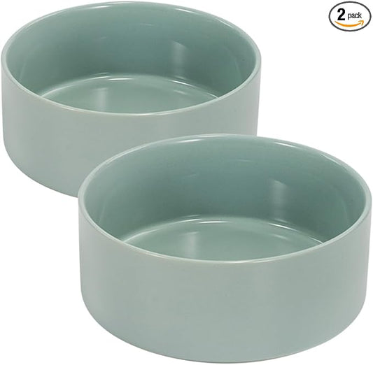 SPUNKYJUNKY 28.7OZ Ceramic Dog and Cat Bowl, Modern Cute Weighted Food Water Bowl for Replacement Morandi Green (2 Pack)