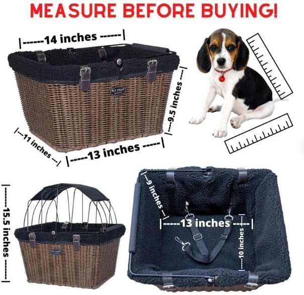Travelin K9 Pet-Pilot MAX Wicker Bike Basket for Dogs/Cats - Includes Wire Cage Top w/Sun Shade + Plush Removable Padded Liner