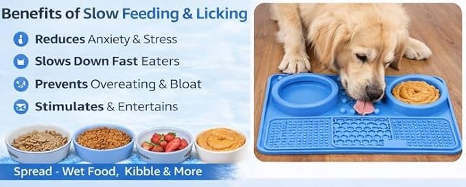 Silicone Dog Feeding Mat with Slow Feeder & Lick Pad for Dogs and Cats – Non-Slip Spill-Proof Pet Feeding Tray with Bowl Holder, Dishwasher Safe, Support, 12 x 8 Inch Blue