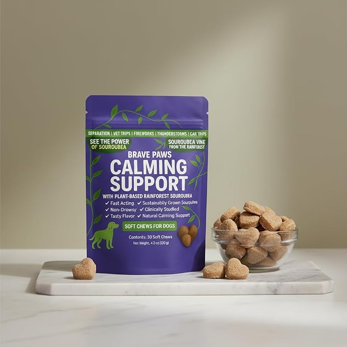 Brave Paws Calming Chews for Dogs - Plant-Based Dog Calming Chews for Anxiety Relief Support with Souroubea - Helps with Dog Separation Anxiety, Stress, Travel & Loud Noises (Fireworks, Thunder)