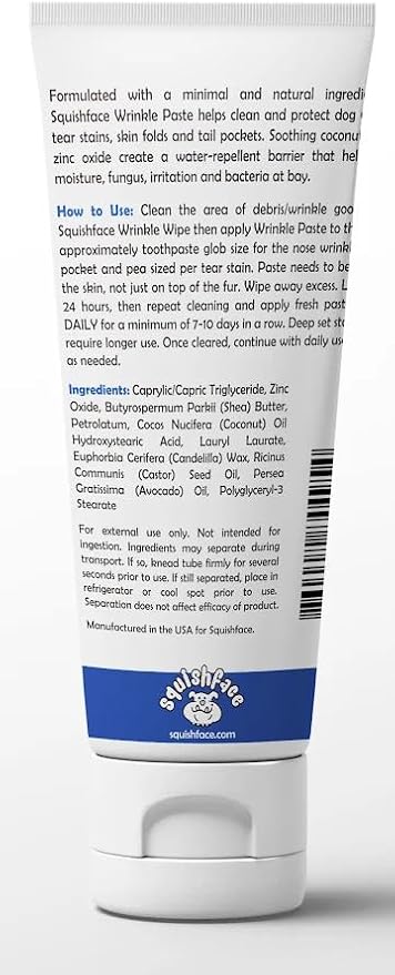 Squishface Wrinkle Paste - Bulldog, French Bulldog, Pug, English Bulldog – Cleans Wrinkles, Tear Stain, Tail Pockets, and Paws – Anti-Itch Tear Stain Remover & Bulldog Wrinkle Cream, 2 Oz.