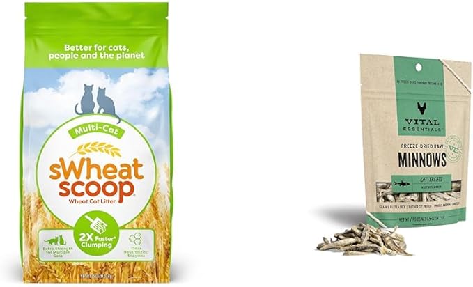 sWheat Scoop Natural Wheat Multi-Cat Litter 25 Pound Bag and Vital Essentials 0.5 oz Freeze-Dried Raw Cat Treats Minnows