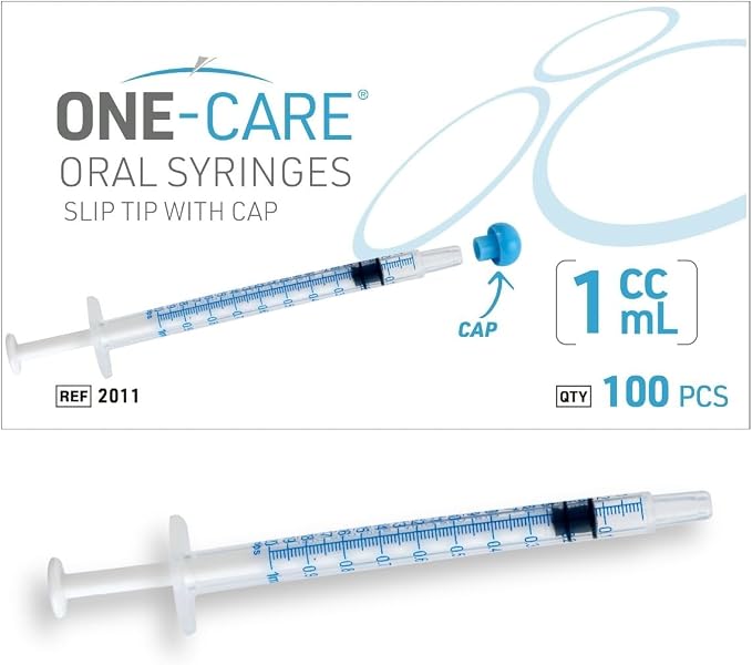 ONE-CARE 1ml Oral Syringe with Cap - Sterile, Individually Wrapped - 100 Dispensers, Slip Tip, Uses include oral administration of medicine for infants, adults and animals