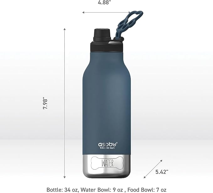 asobu Dog Barky Bottle – Insulated Stainless Steel Water Bottle with 2 Removable Dog Bowls for Food, Treats & Water – Pet-Friendly Travel Bottle for Hiking, Road Trips & Outdoor Adventures
