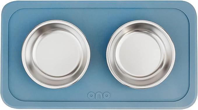 Ono Good Bowl Food & Water Double Feeder - Small to Medium Pets No Spill Non Skid Silicone Mat & Stainless Steel Bowls for Dogs or Cats (Azul)