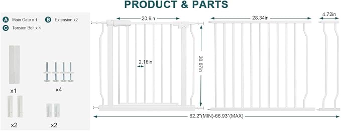 Extra Wide 62.2-66.93 Inch Large Baby Gates for Stairs, Doorways - No Drilling, Indoor Tension Pressure Mounted Pet Gates for Kids & Dogs