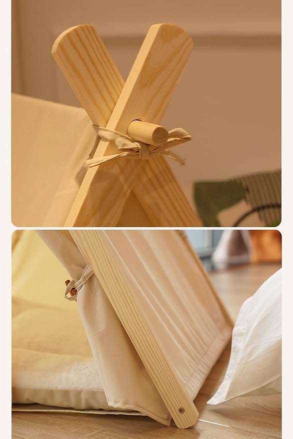 Solid Wood Indoor Pet Tent With Thick Mat - Portable Cat and Dog House Teepee, Cute Cave Bed (Off White)