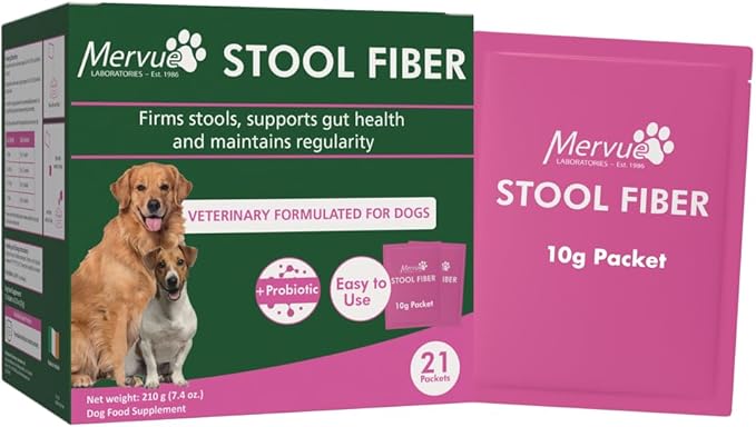 Mervue Stool Fiber for Dogs – Psyllium Husk Powder for Dogs to Support Firm Stools – Small & Medium Dog Digestive Support with Probiotics and B-Vitamins for Sensitive Stomachs – 21-Pack, 10g Each