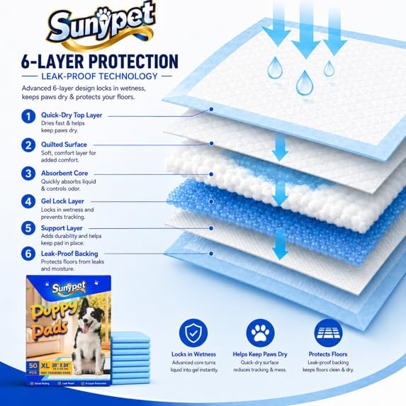 Puppy Pads Disposable Dog Potty Training Pads, Quick Dry, Ultra Absorbent, XL 30"x34", 50ct
