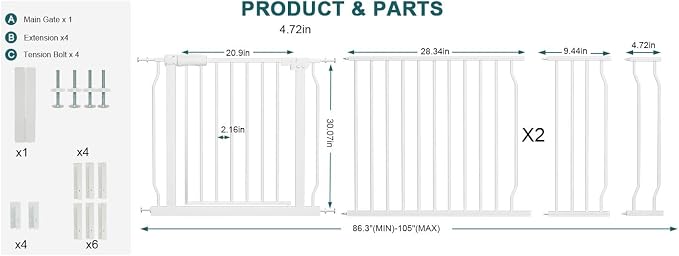 Extra Wide Baby Gate 86.3-105 Inch, Pressure Mounted Pet Gates No Drilling for Stairs & Doorways, Metal White Indoor Safety Gate for Kids and Dogs