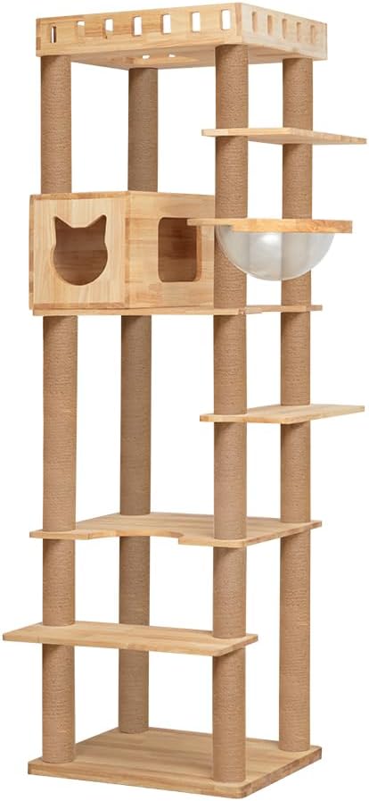 74.8" Wooden Cat Tree Tower for Large Cats, Multi-Level Cat Climbing Furniture with Scratching Posts, Cat Condo & Hammock, Natural Wood Cat Activity Center (Brown)
