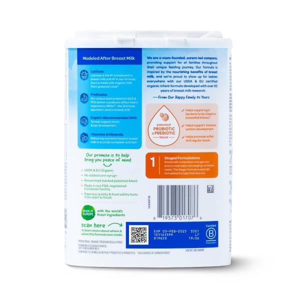 Happy Baby Organics Stage 1 Infant Formula, 0-12M, Modeled After Breast Milk, USDA Organic, Probiotics & Prebiotics, Iron & DHA, 22.9oz x2