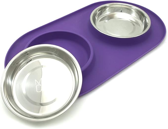 Messy Cats Double Silicone Feeder with Stainless Saucer Shaped Bowl | Anti-Slip Non-Skid Cat Food Bowls | Two Cat Bowls in Feeding/Water Station | 1.75 Cups per Bowl (Purple)