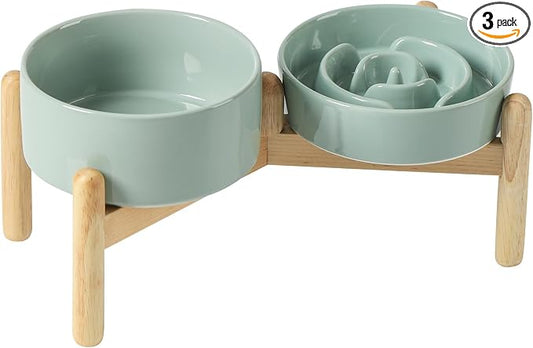 Havniva 6.1” Raised Slow Feeder Dog Bowls Set, 0.9 Cups Ceramic Slow Feeder Dog Bowl and 6.1” Dog Water Bowl with Elevated Wooden Stand Puzzle Dog Food Bowl for Small Dogs Anti-Gulping & Anti-Choking