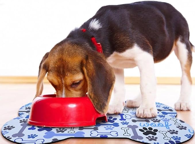 Dog Food Mats for Floors Waterproof, Pet Feeding Absorbent Water Bowl Mat Cat Placemats Blue Bone Shape 23.6 * 15.7 inch