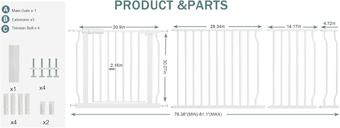 Baby Gates Extra Wide 76.4-81.1 Inch Large Baby Gates for Stairs, Doorways - No Drilling, Indoor Tension Pressure Mounted Pet Gates for Kids & Dogs
