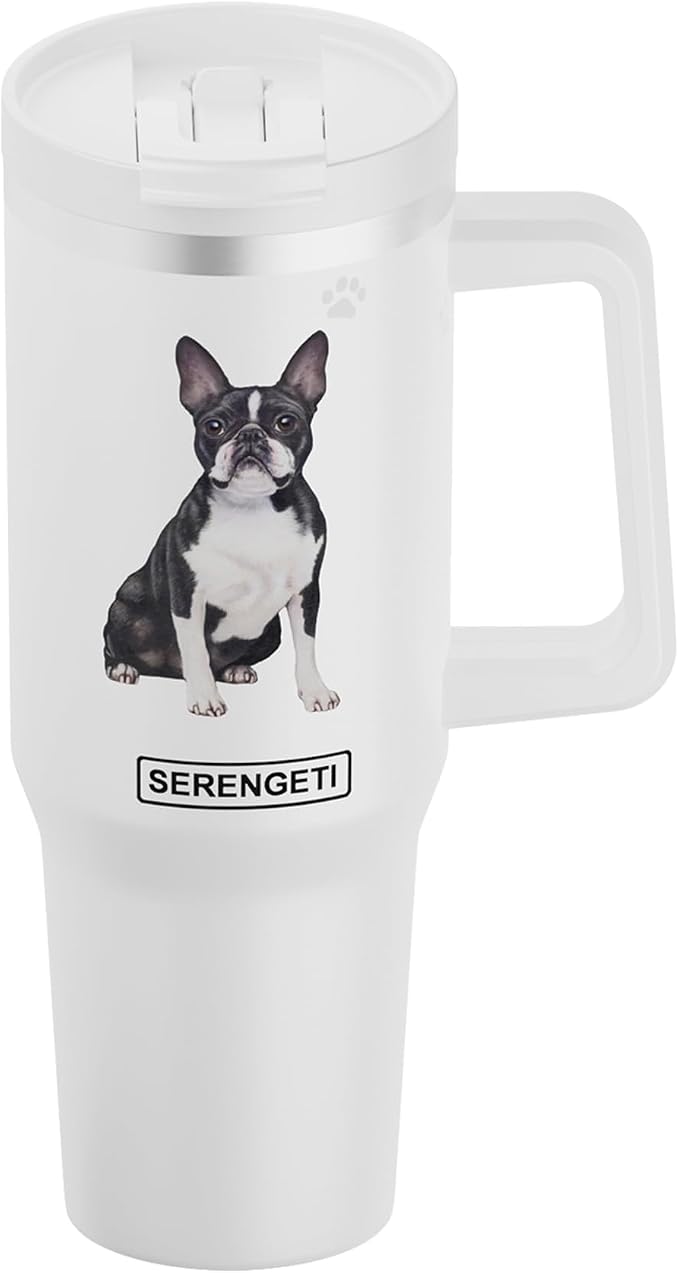 SERENGETI 40 Oz Ultimate Tumbler with Handle and Straw - Vacuum Insulated Tumbler with Straw and Lid - Stainless Steel Travel Mug for Pet Lovers - 3D Designs of your favorite Dog (Boston Terrier)