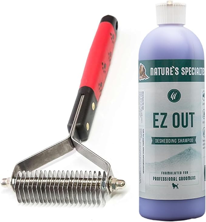 Paw Brothers Dematting/Deshedding Bundle - Paw Brothers 20 Blade Medium Dematting Rake, Removes Tangles & Mats - Nature's Speciallties EZ Out Concentrated Dog Shampoo, Deshedding Solution, 16oz