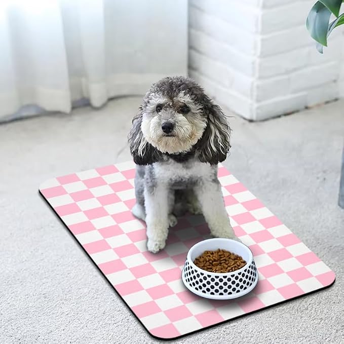Dog Food Mats for Floors Waterproof, Pet Water Bowl Mats Pet Feeding Absorbent Placemats Plaid 16 * 24 inch