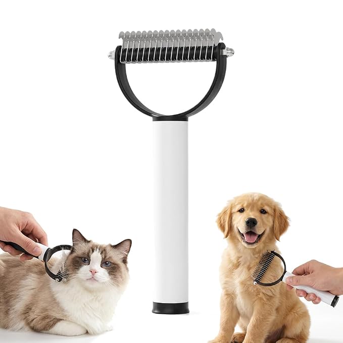 Double Sided Dematting Comb for Dogs Cats, 2026 New 2-in-1 Professional Pet Dematting, Deshedding Brush with Metal Comb for Detangling and Dematting Long (Black)
