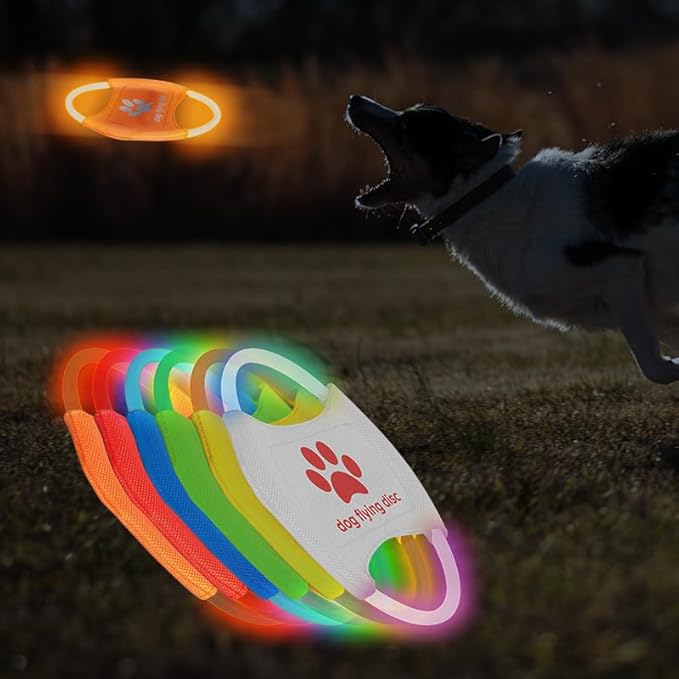 2pcs-Dog Training LED Luminous Frisbee, TPU Non Toxic Soft Rubber Teeth Grinding and Biting Resistant, Rechargeable Luminous Pet Puzzle Outdoor Throwing Toy, Suitable for All Dogs (Yellow)