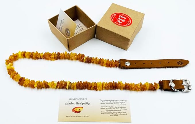 Baltic Amber Dog & Cat Collar - Adjustable Leather Strap with Raw Knotted Amber Beads (30-35cm)