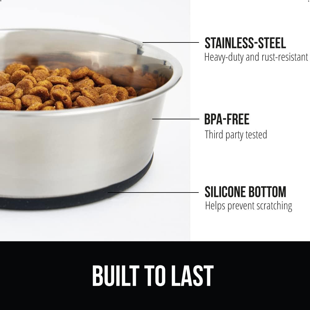 GORILLA GRIP Set of 2 Dog Bowls, Holds 4 Cups (32 fl oz), Heavy Duty Metal Food and Water Bowl for Feeding Dogs and Cats, Dishwasher Safe, Rust Resistant Stainless Steel, BPA Free Rubber Base, Black