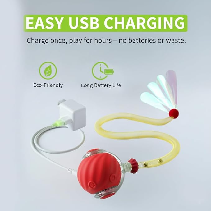 Interactive Cat Ball Toy with Tail for Indoor Cats Kittens – 2026 - Automatic Smart Rolling Motion Pet Exercise for Small Dogs | Rechargeable Motion-Activated, USB Charging Self-Play (RED)