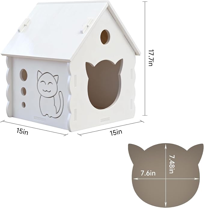 Cute Gable Roof Small Wooden Cat House, Indoor Outdoor Multi-Ply Wood Cat Shelter with Rainproof Windproof, Easy Assemble Move & Clean, Breathable Cat Hut for Kittens (White)