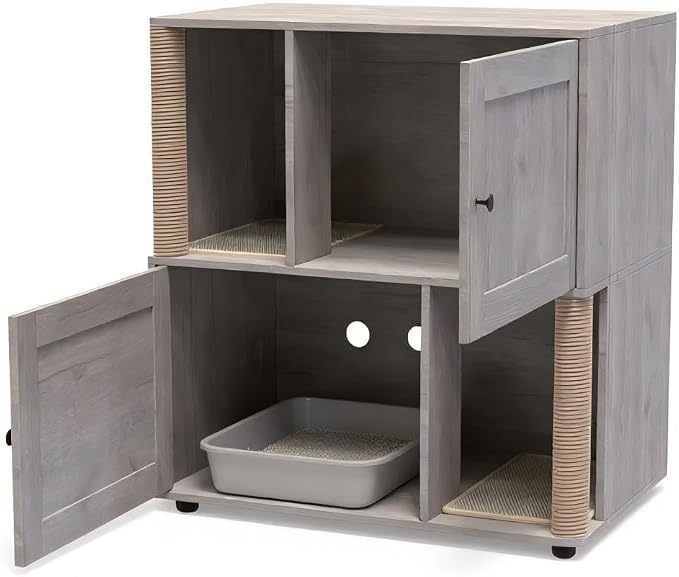 2 Tier Cat Washroom,Modern Farmhouse Double Cat Litter Box Enclosure Furniture,Hidden Cabinet with 2 Scratch Mats & Post, Multi-Functional End Side Table for 2 Cats, Odor-Control Wooden Washroom Cabin