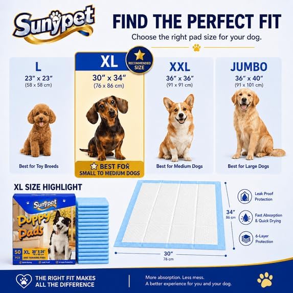 Puppy Pads Disposable Dog Potty Training Pads, Quick Dry, Ultra Absorbent, XL 30"x34", 50ct